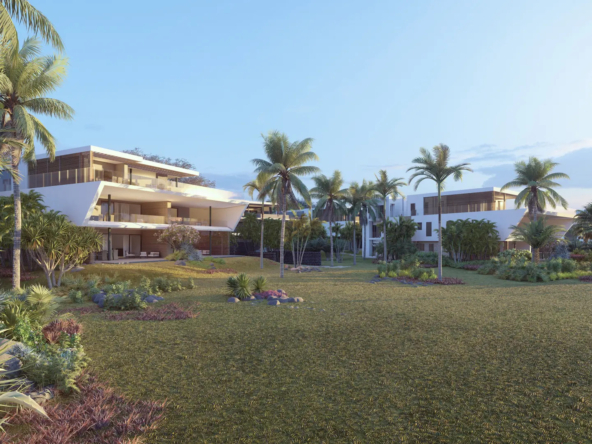 Jardin tropical avec vue sur Le Morne dans une résidence pied dans l’eau à vendre à l’île Maurice – Ohana Heritage Group