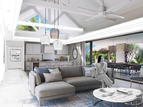 Espace de vie lumineux avec décoration sobre et ouverture jardin – villa Les Belouguet à Tamarin